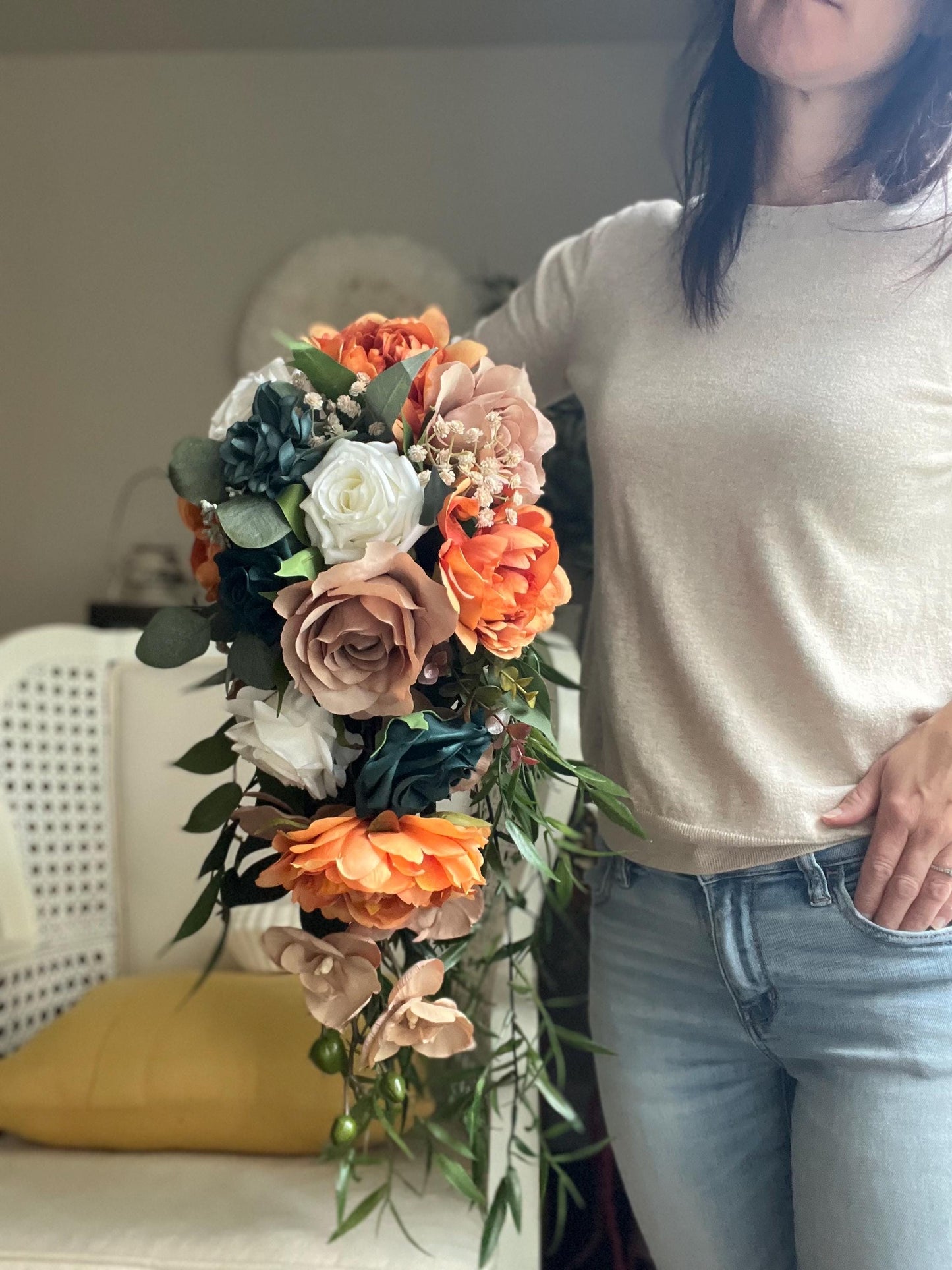 Large Cascade Bridal Bouquet Fall Autumn Summer Terracotta Orange Rust Sage Emerald Green Blush Garden