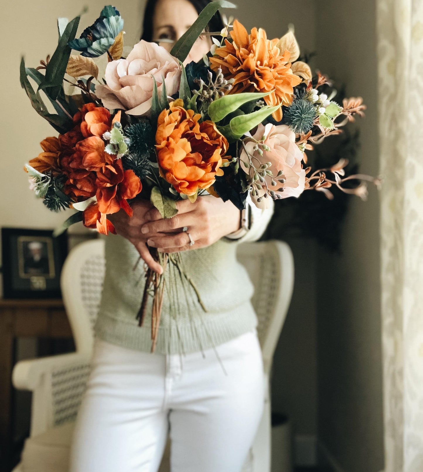 English Bridal Bouquet Fall Autumn Summer Terracotta Orange Rust Sage Garden Tuquoise