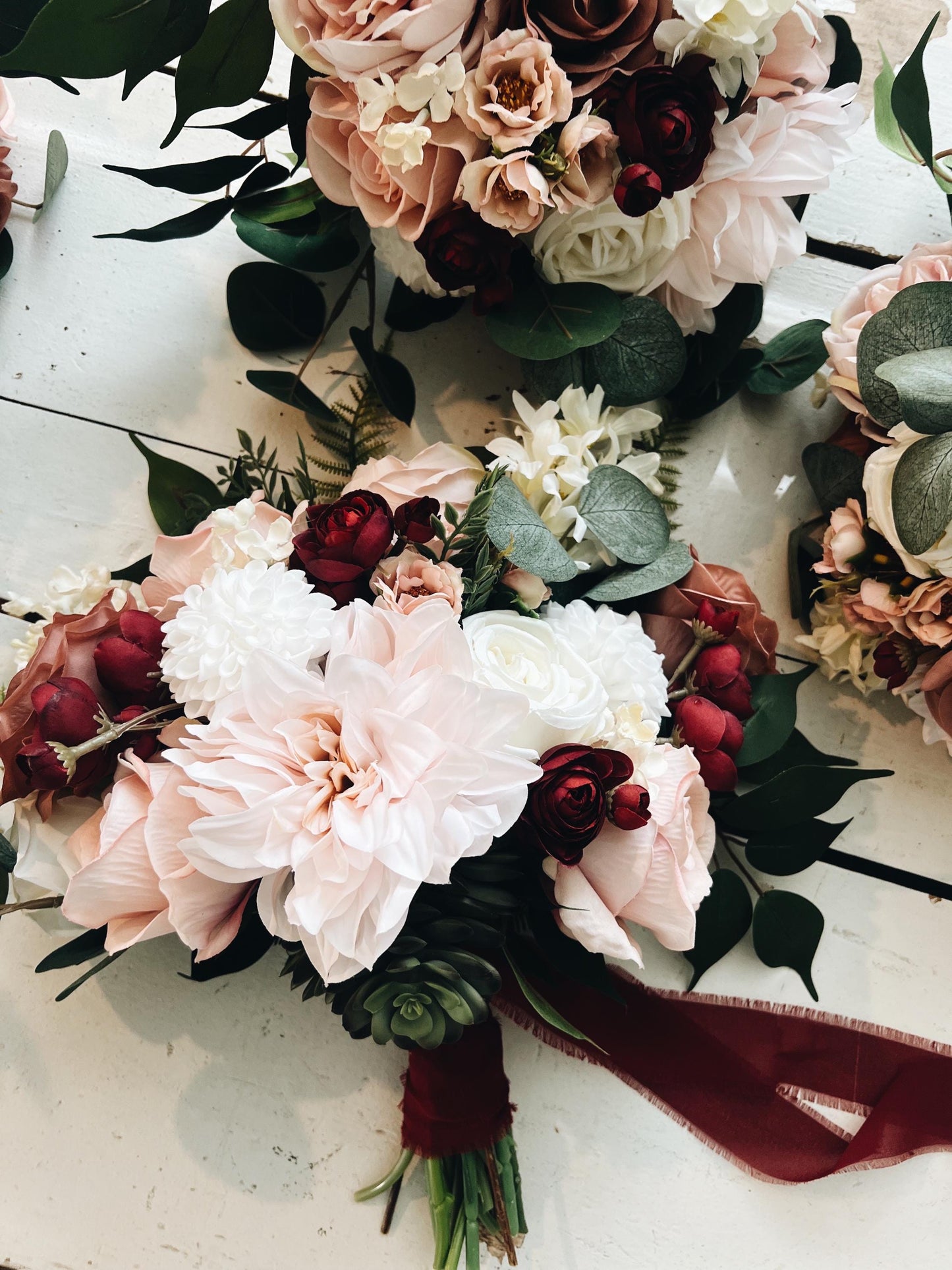 Romantic Blooms: Garden Blush and Burgundy Bridal Bouquet with Roses, Dahlias, and Succulent Accents English Garden