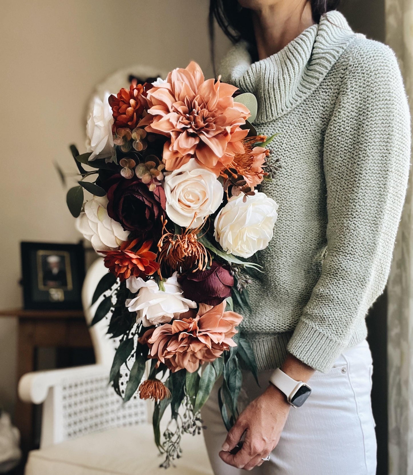 Cascade Bridal Bouquet perfect for Fall Autumn Summer Terracotta Dahlia Peony Rust Sage Burgundy Garden