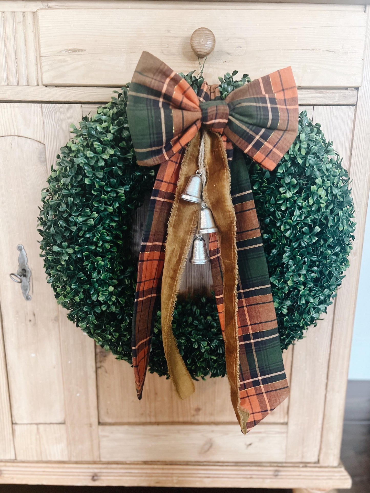 Boxwood Wreath with Thanksgiving Bow and Bells Fall Colors Velvet