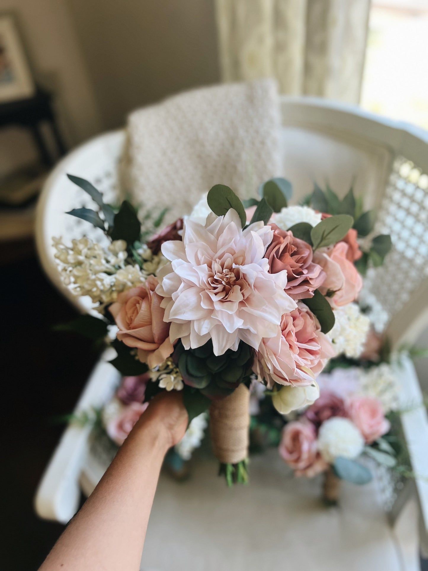 Romantic Blooms: Garden Blush Bridal Bouquet with Roses, Dahlias, and Succulent Accents English Garden