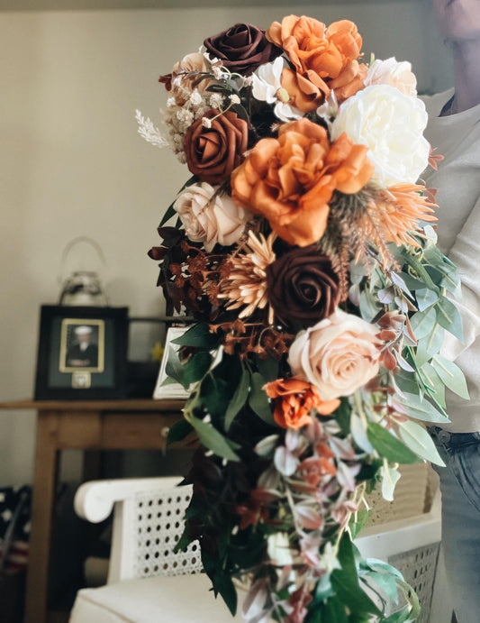 Stunning Large Cascading Autumn Bouquet - Rustic Peach, Burgundy, Rust Orange Garden Flowers Fall Wedding