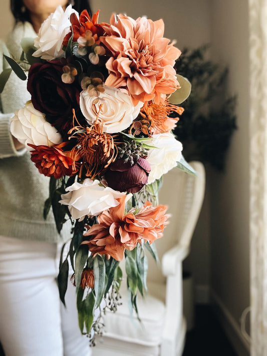 Cascade Bridal Bouquet perfect for Fall Autumn Summer Terracotta Dahlia Peony Rust Sage Burgundy Garden