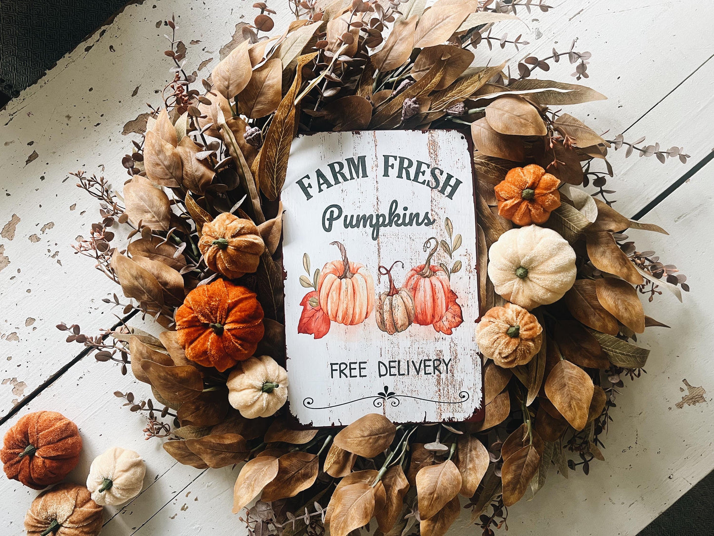 Rustic Velvet Pumpkins Fall Wreath - 26” Autumn Decor with distressed metal Pumpkin Sign