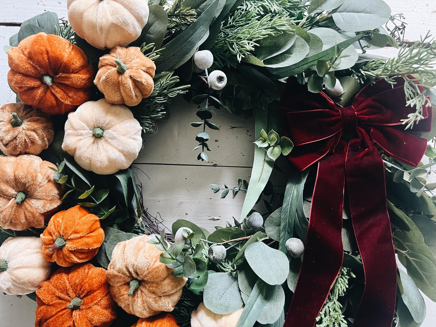 Luxe 24” Artificial Pumpkin Wreath - Fall Harvest Decor with Velvet Bow