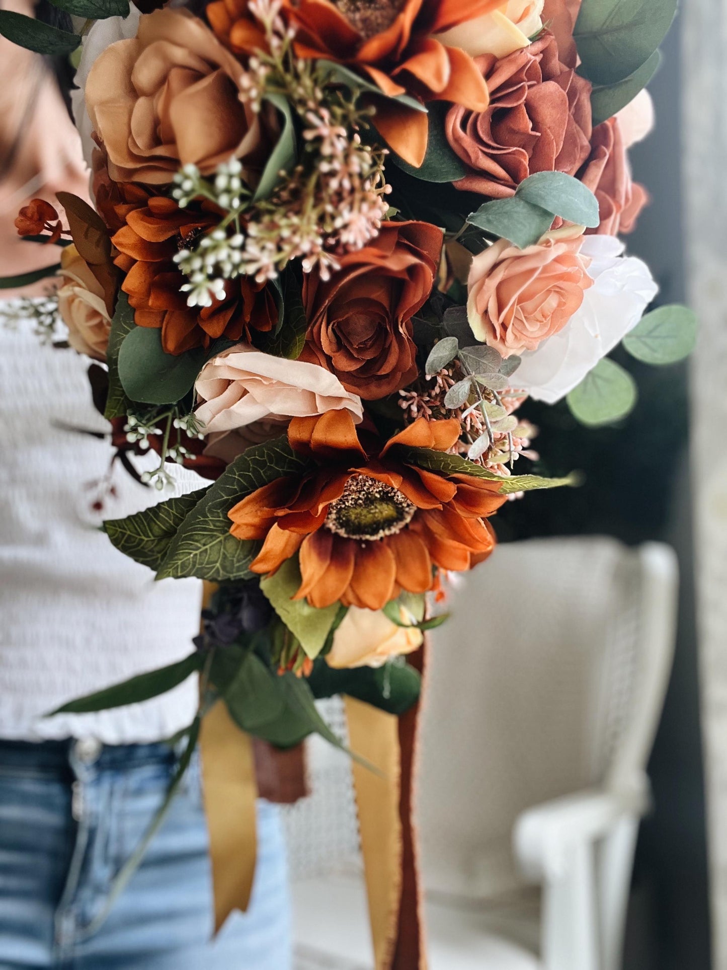 JUST ADDED Fall Late Summer Bridal Bouquet Cascading Flowers for Wedding Sunflower Rust Orange Terracotta