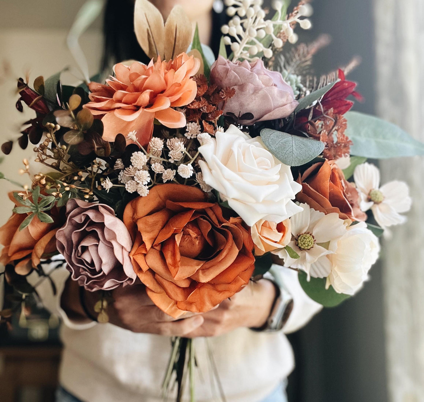 Perfect Lovely Autumn Bouquet - Rustic Peach, Lavender Gardenia, Rust Orange Garden Flowers Fall Wedding