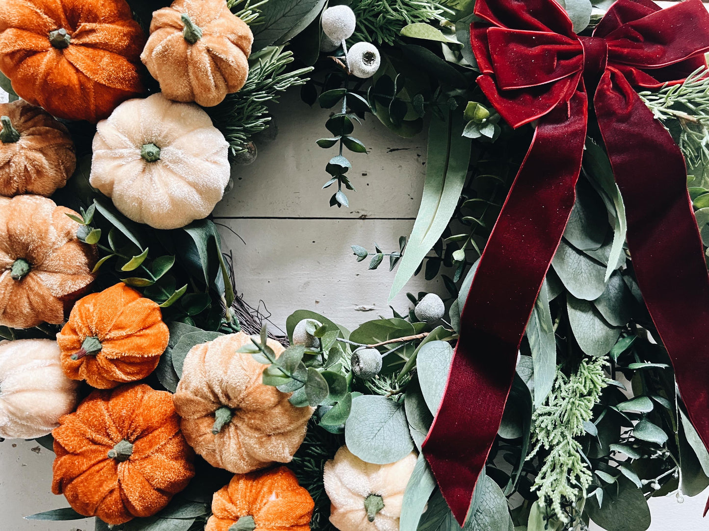 Luxe 24” Artificial Pumpkin Wreath - Fall Harvest Decor with Velvet Bow