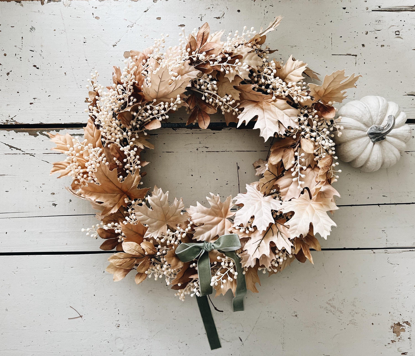 Fall Thanksgiving Wreath Beige Maple Leaves with Cream Berries and Ribbon