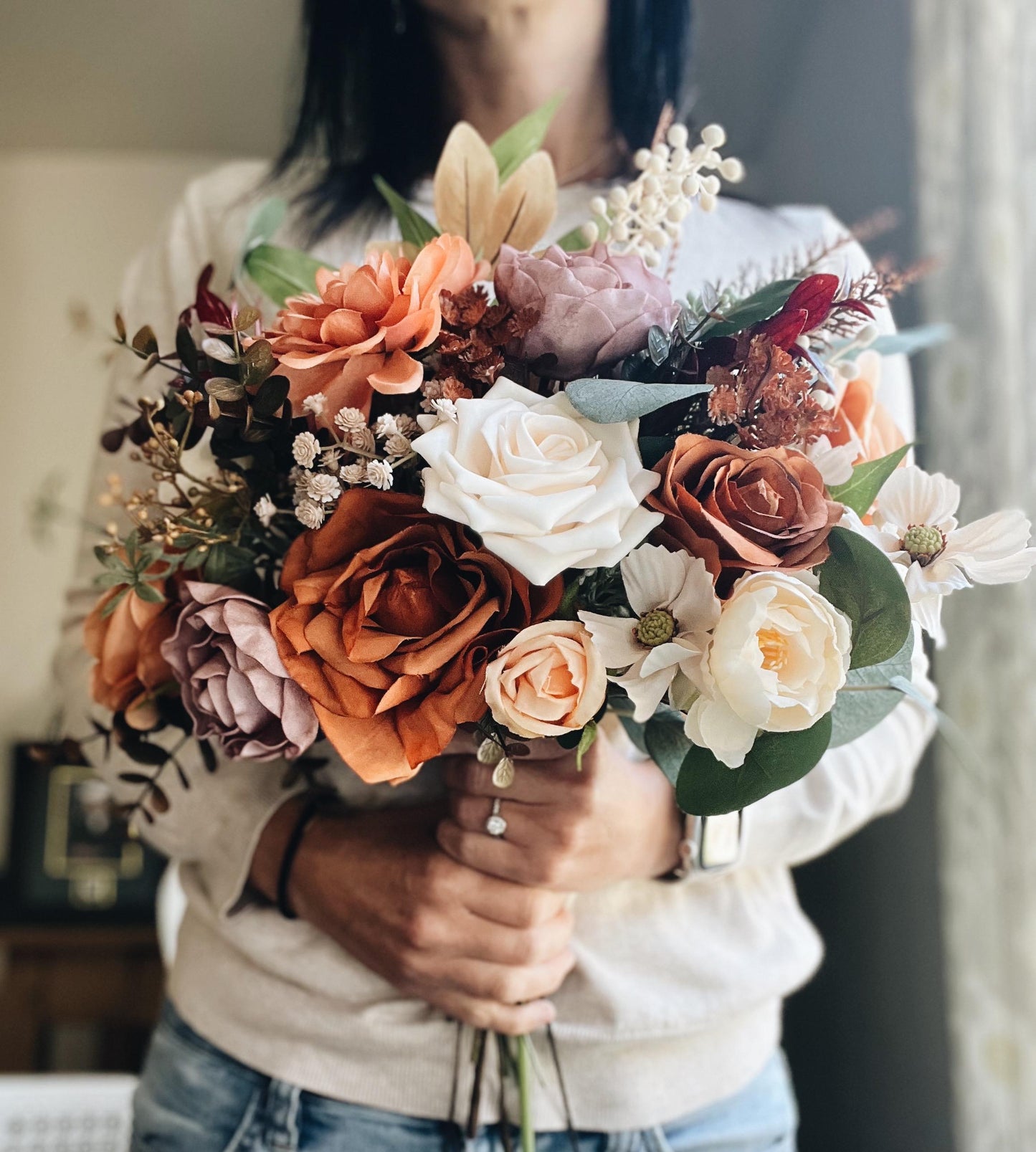 Perfect Lovely Autumn Bouquet - Rustic Peach, Lavender Gardenia, Rust Orange Garden Flowers Fall Wedding