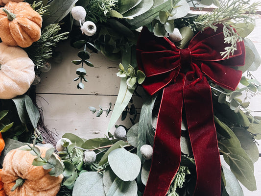 Luxe 24” Artificial Pumpkin Wreath - Fall Harvest Decor with Velvet Bow