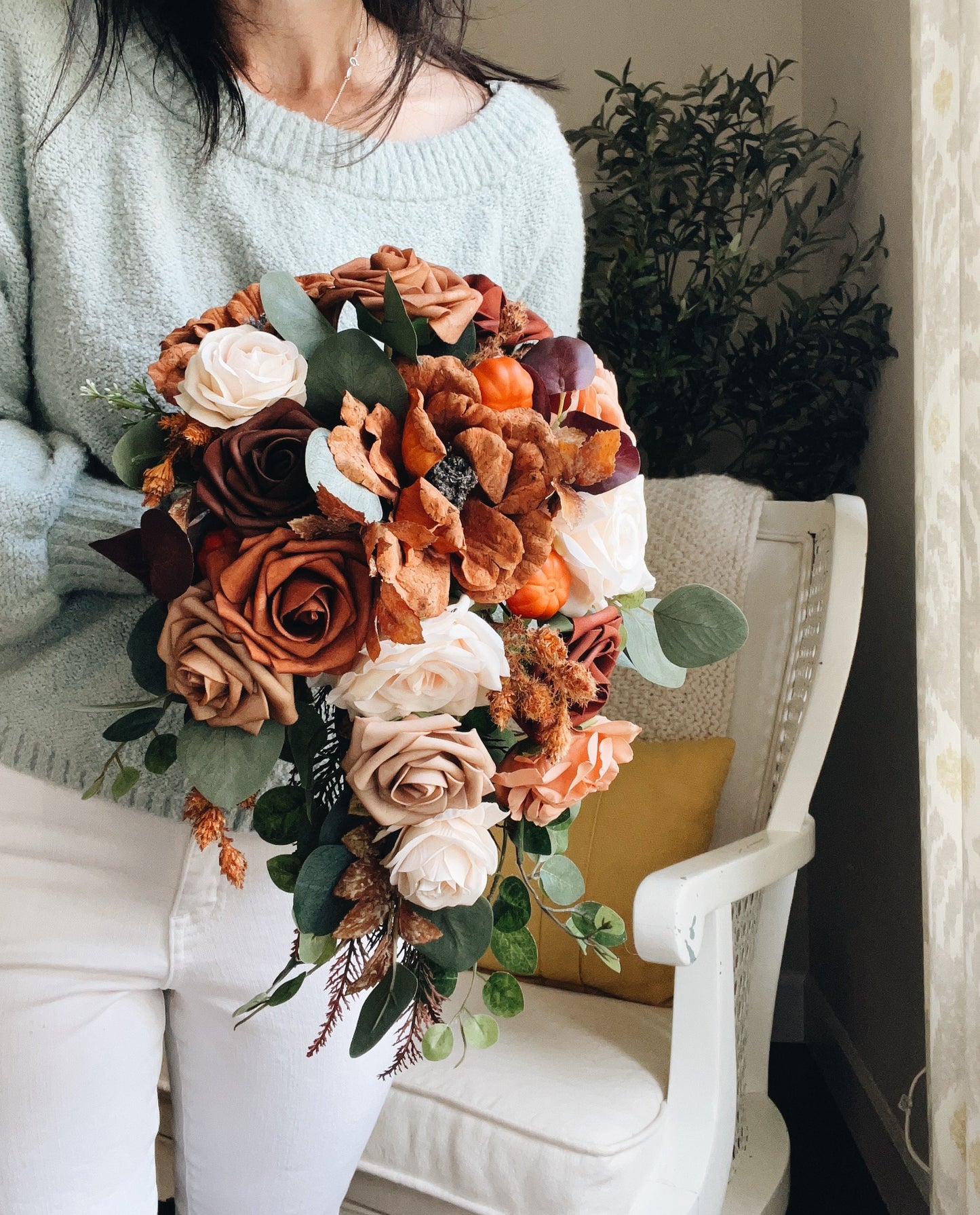 Fall Late Summer Bridal Bouquet Cascading Flowers for Wedding Peach Brown Beige