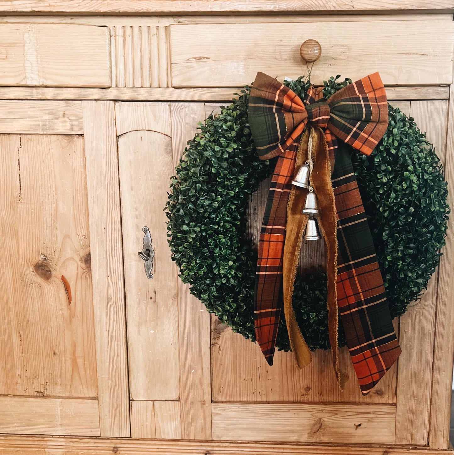 Boxwood Wreath with Thanksgiving Bow and Bells Fall Colors Velvet
