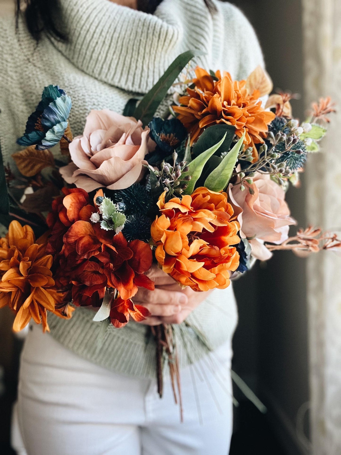 English Bridal Bouquet Fall Autumn Summer Terracotta Orange Rust Sage Garden Tuquoise