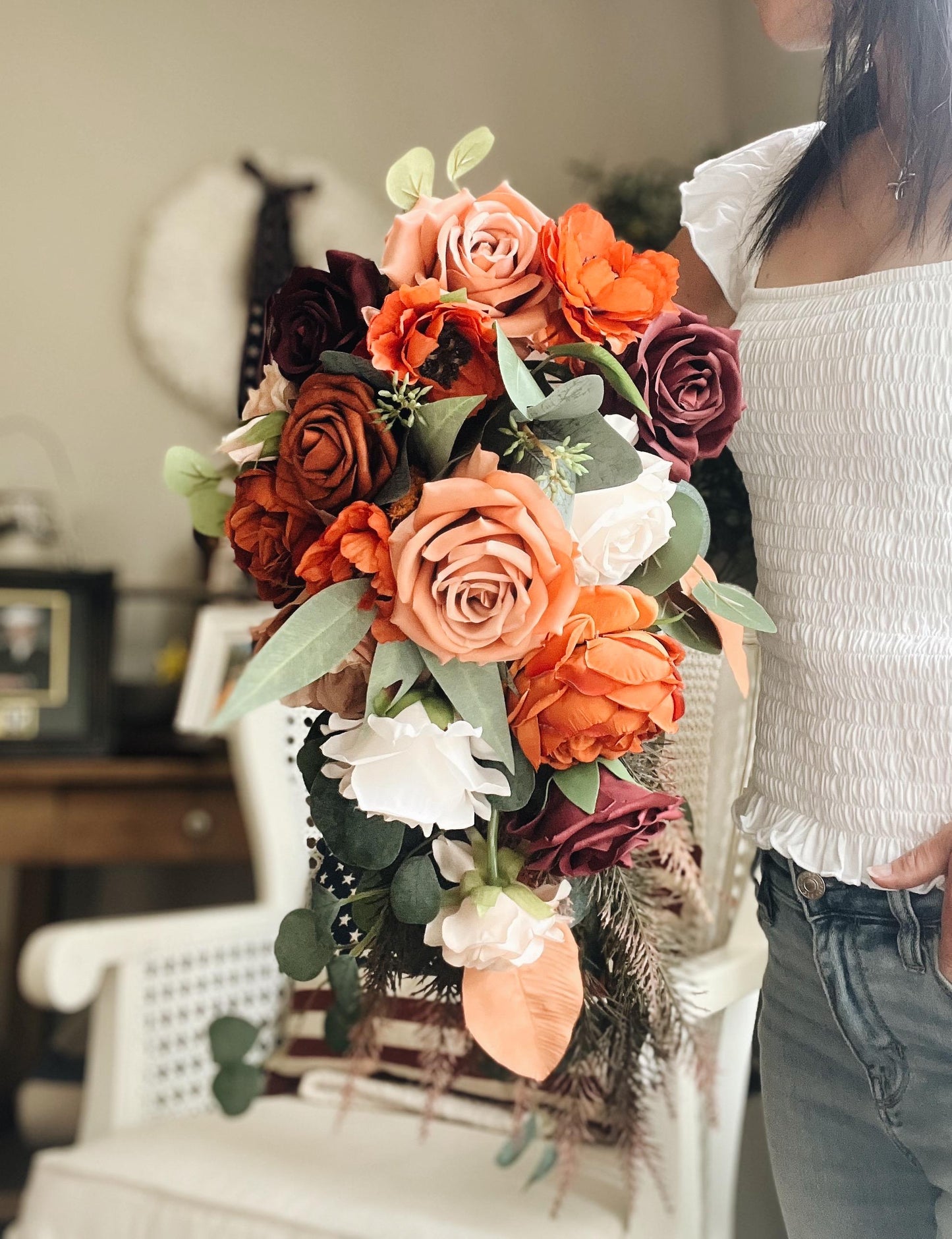 JUST ADDED Fall Late Summer Bridal Bouquet Cascading Flowers for Wedding Burgundy Rust Orange Beige