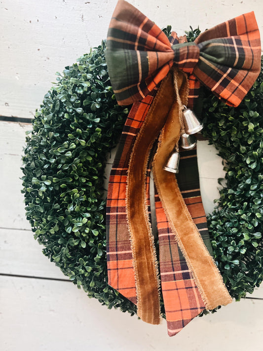Boxwood Wreath with Thanksgiving Bow and Bells Fall Colors Velvet