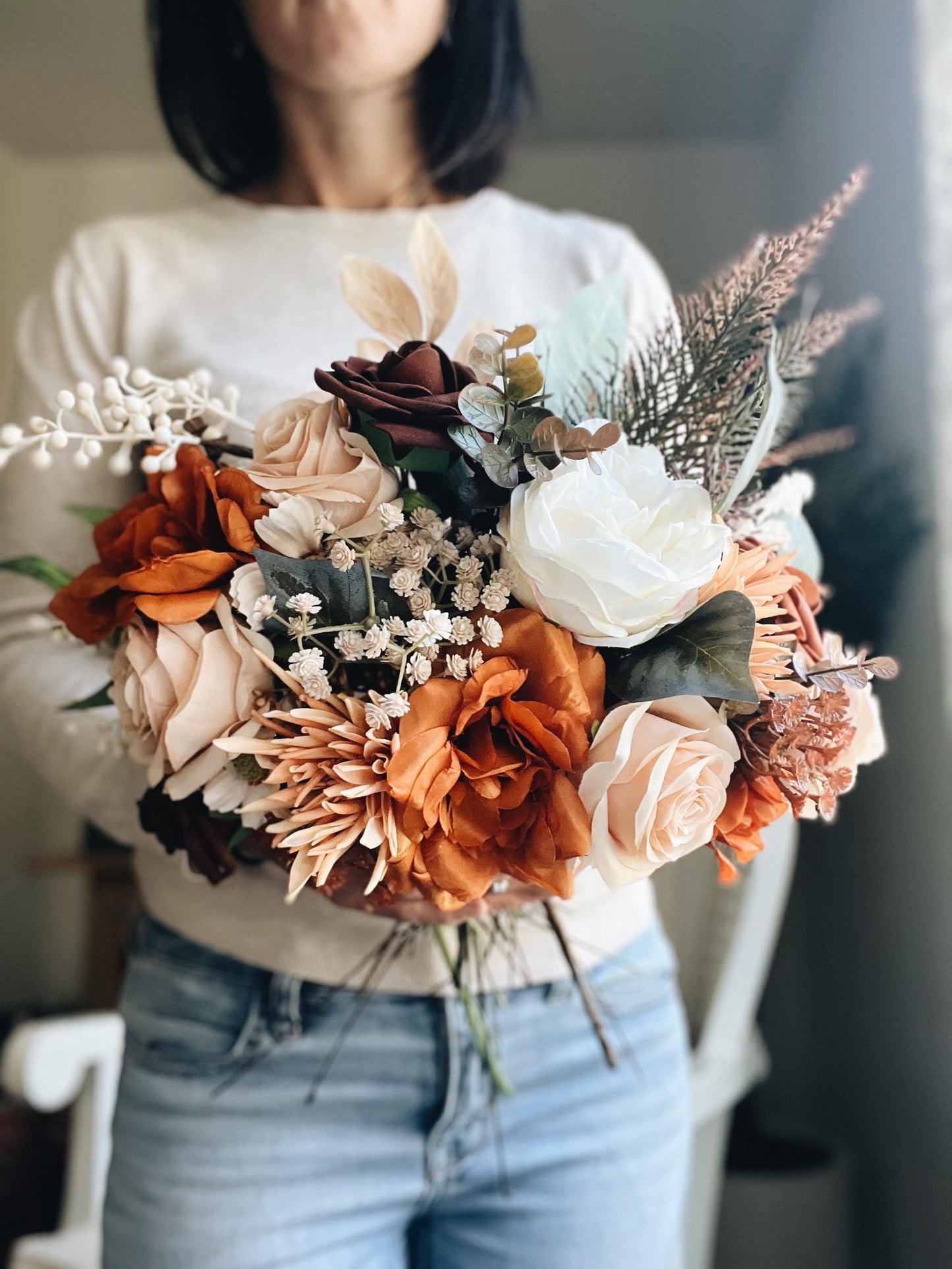 Elegant Autumn Bouquet - Rustic Peach, Cream Garden Roses, Rust Orange Garden Flowers Fall Wedding
