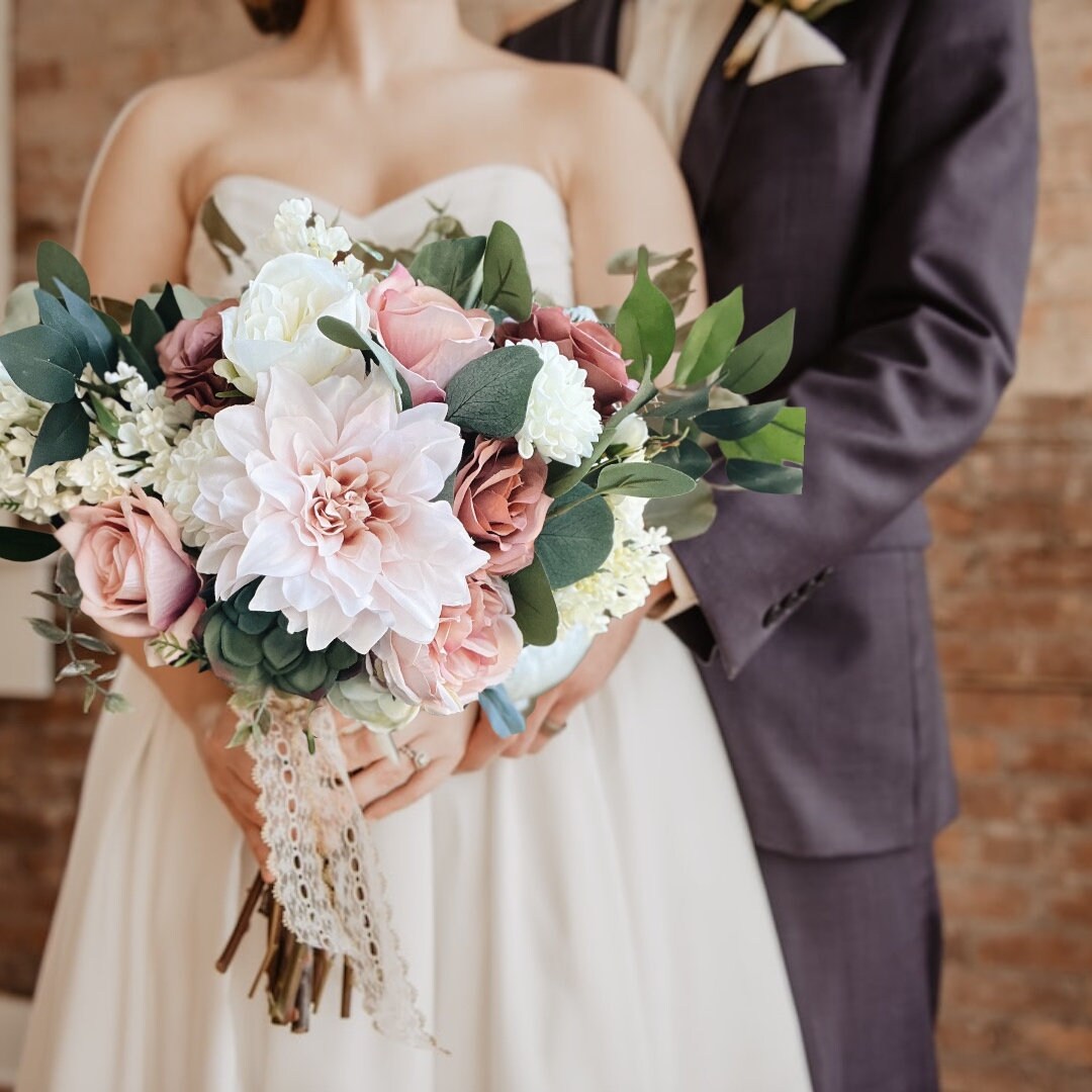 Romantic Blooms: Garden Blush Bridal Bouquet with Roses, Dahlias, and Succulent Accents English Garden