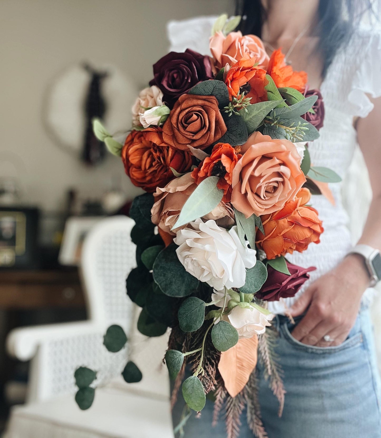 JUST ADDED Fall Late Summer Bridal Bouquet Cascading Flowers for Wedding Burgundy Rust Orange Beige