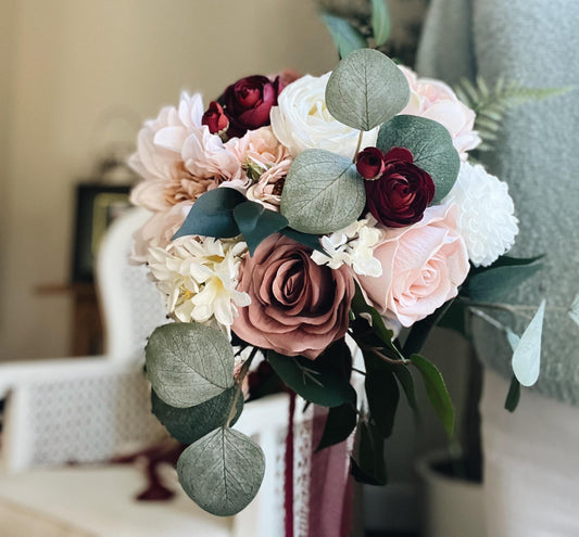 Romantic Blooms: Garden Blush and Burgundy Bridal Bouquet with Roses, Dahlias, and Succulent Accents English Garden