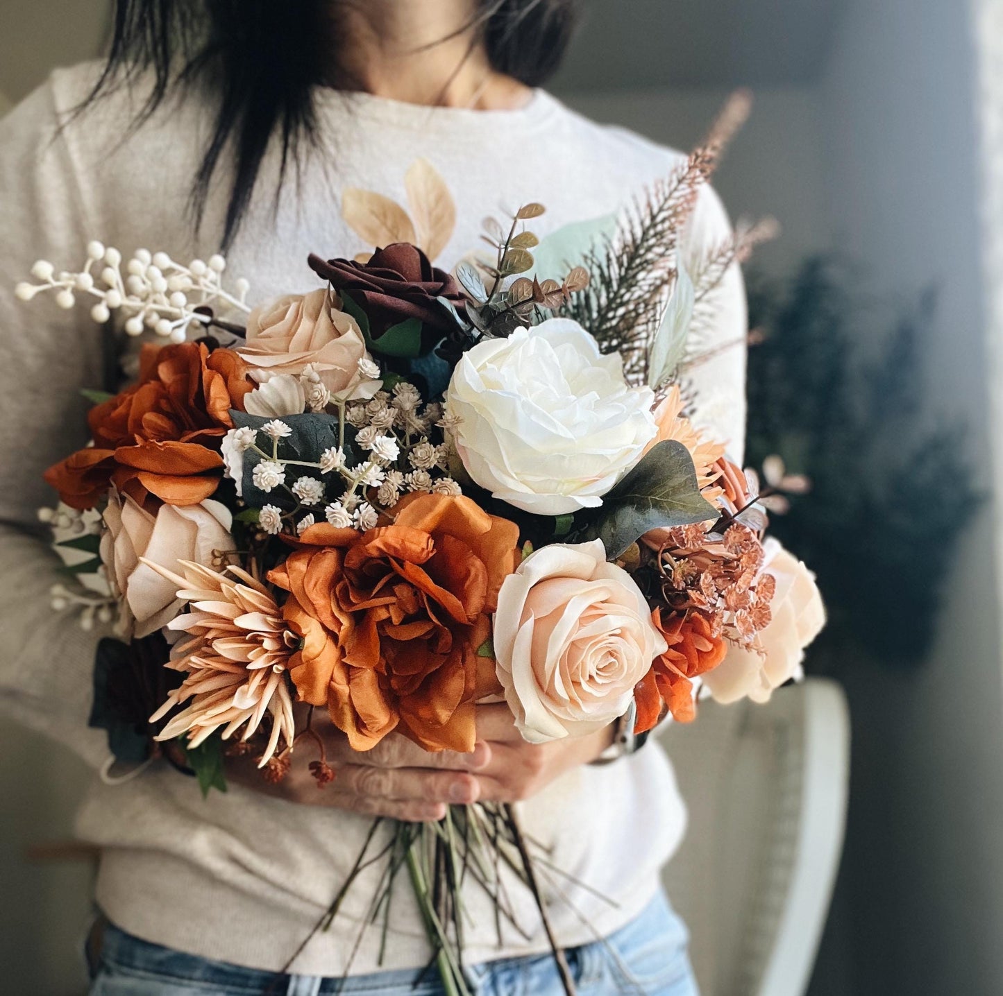 Elegant Autumn Bouquet - Rustic Peach, Cream Garden Roses, Rust Orange Garden Flowers Fall Wedding