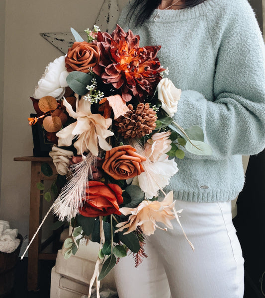Fall Late Summer Bridal Bouquet Cascading Flowers for Wedding Rust Orange Beige