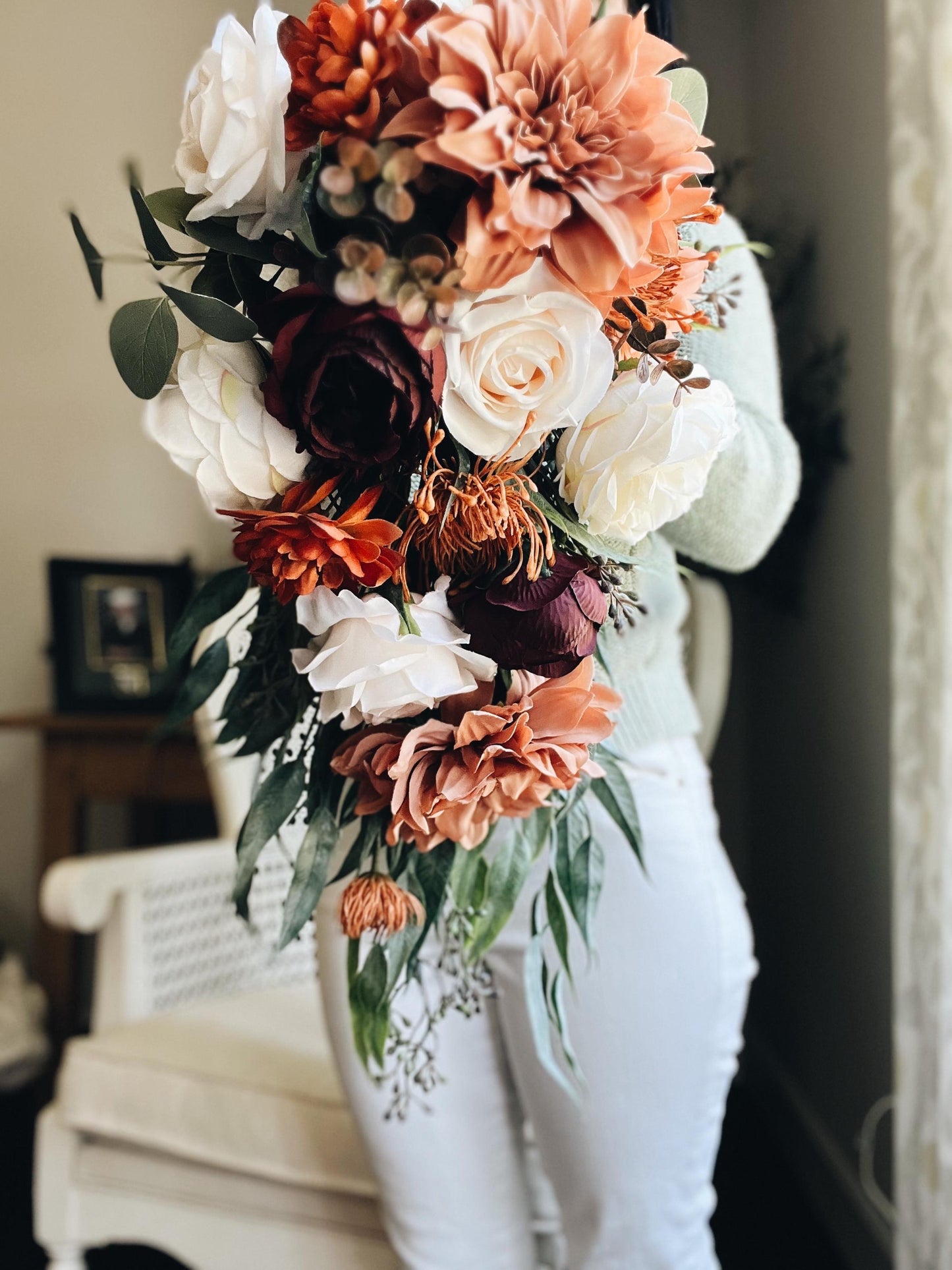 Cascade Bridal Bouquet perfect for Fall Autumn Summer Terracotta Dahlia Peony Rust Sage Burgundy Garden