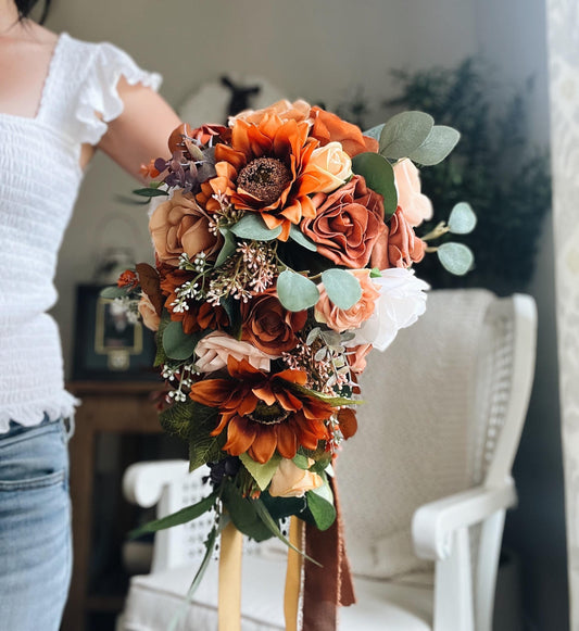 JUST ADDED Fall Late Summer Bridal Bouquet Cascading Flowers for Wedding Sunflower Rust Orange Terracotta