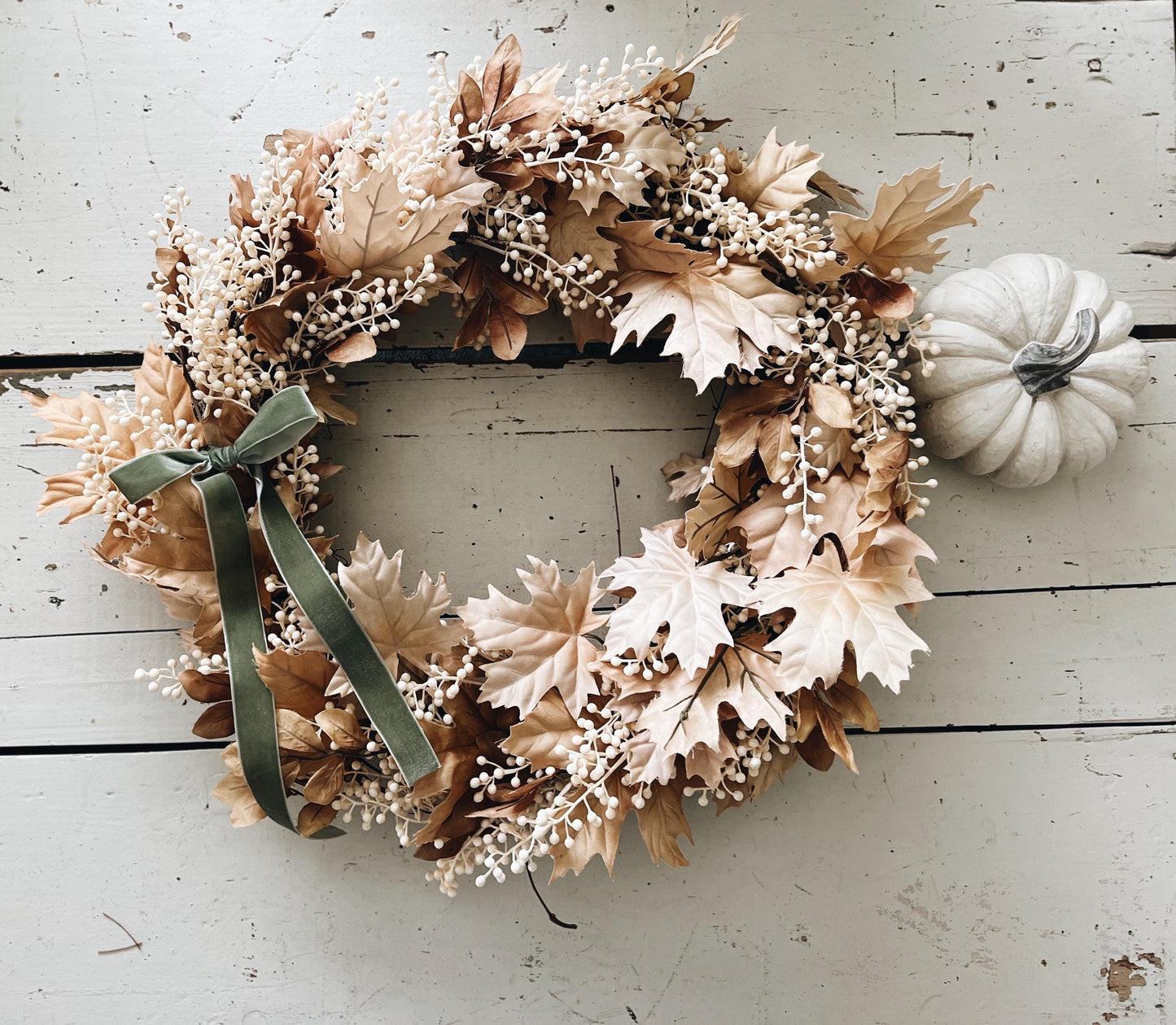 Fall Thanksgiving Wreath Beige Maple Leaves  with Cream Berries and Ribbon