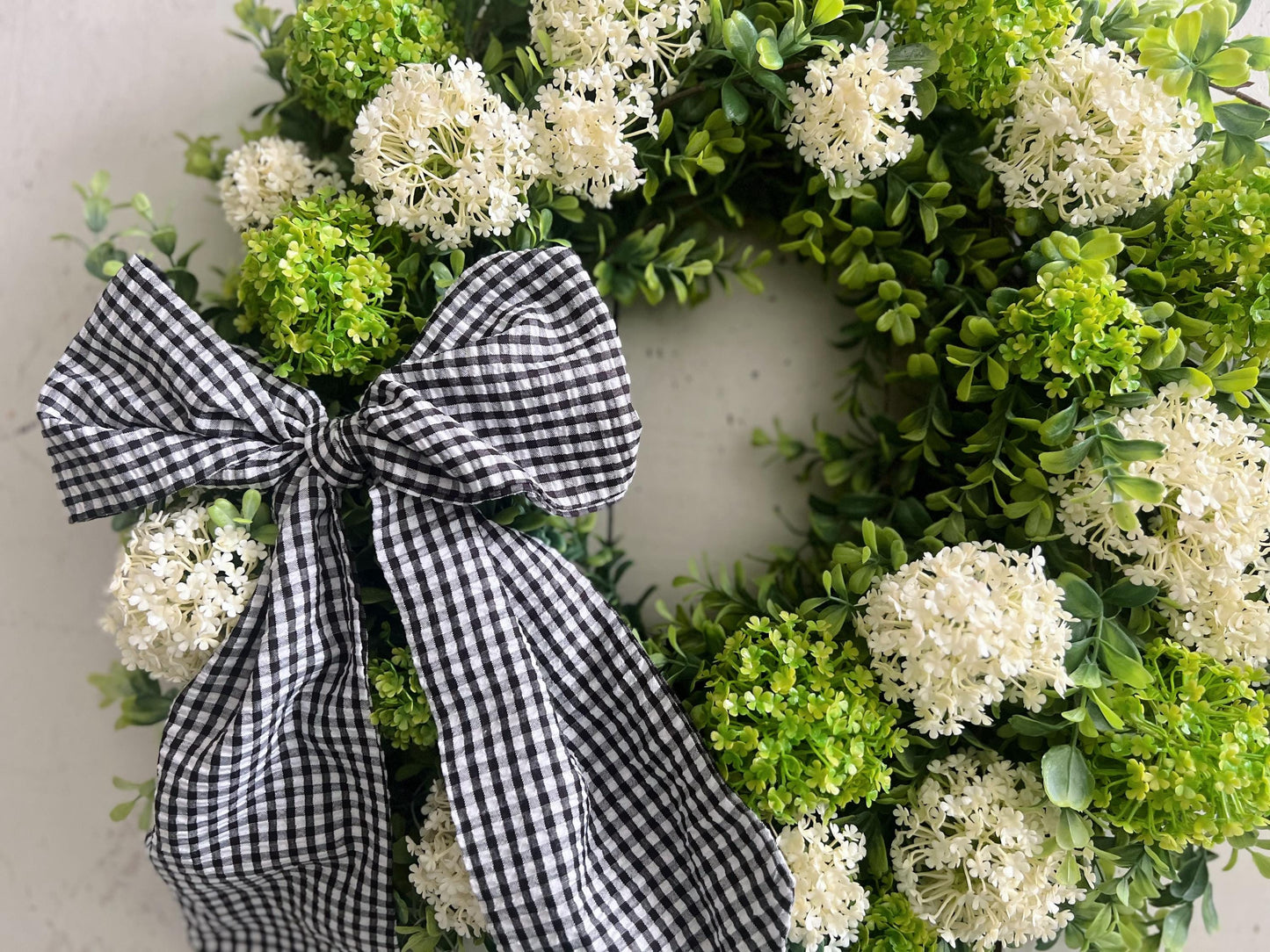Large Boxwood and Hydrangea Wreath with Gingham Bow