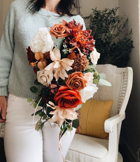 Fall Late Summer Bridal Bouquet Cascading Flowers for Wedding Rust Orange Beige