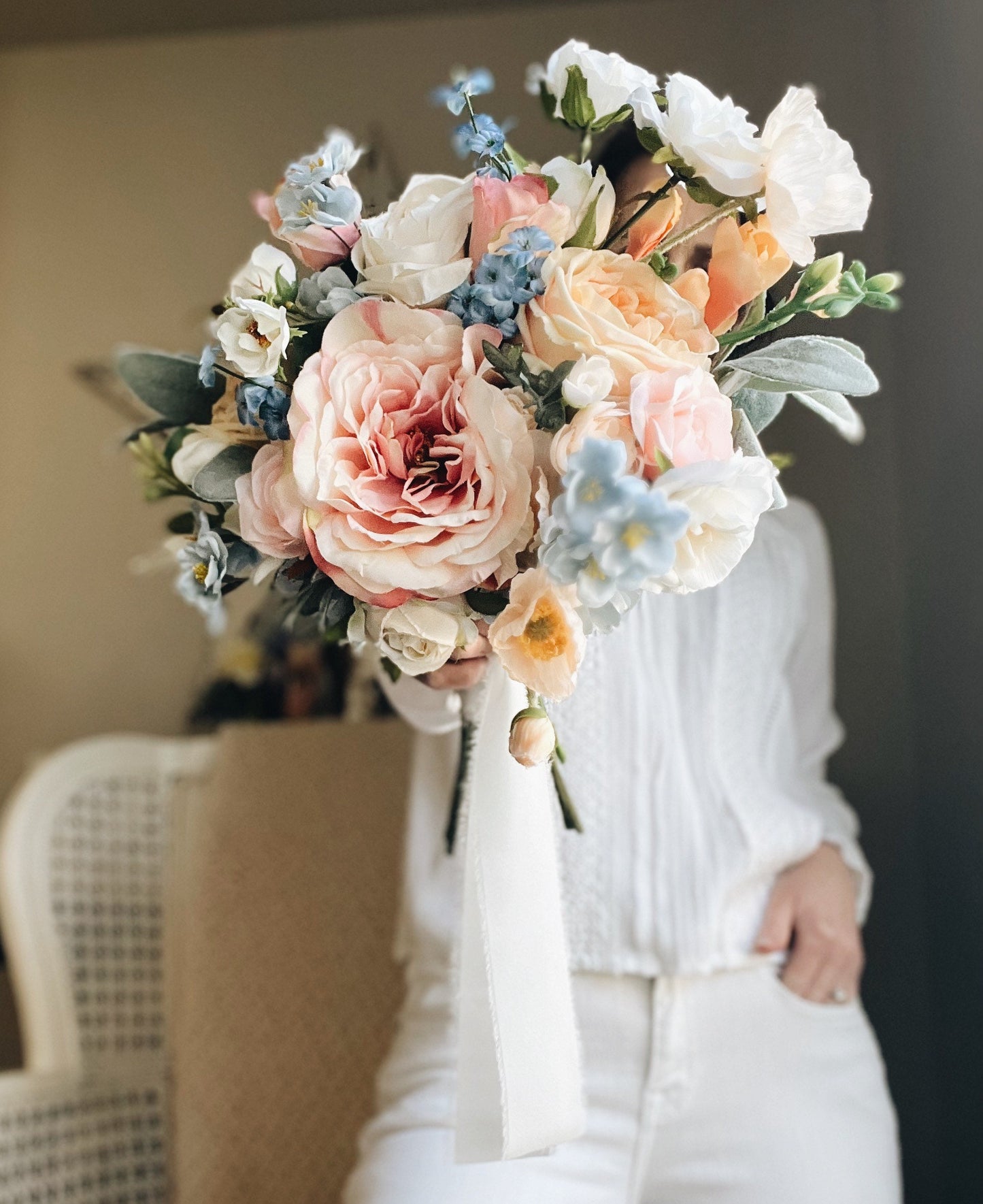 Whimsical and Flowy Pastel Garden Rose Bridal Bouquet - Fairy Tale Wedding Bouquet