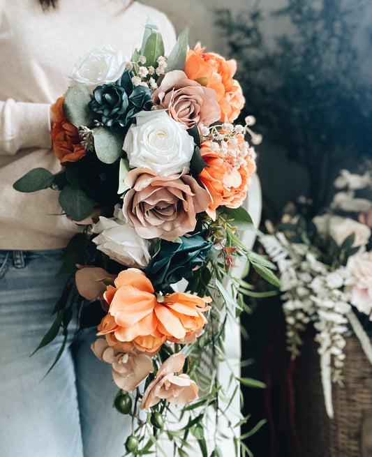 Large Cascade Bridal Bouquet Fall Autumn Summer Terracotta Orange Rust Sage Emerald Green Blush Garden