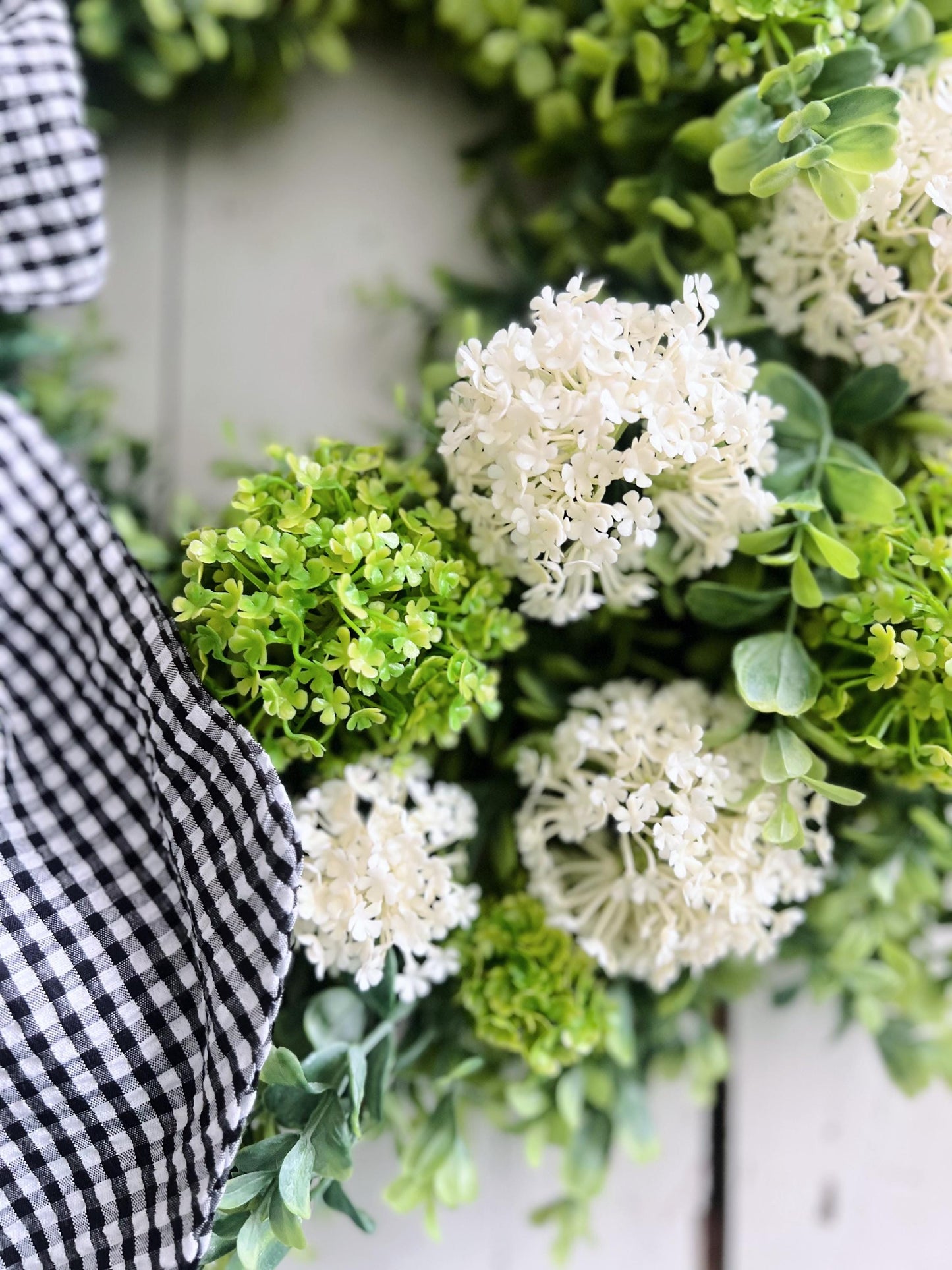 Large Boxwood and Hydrangea Wreath with Gingham Bow