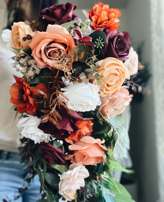 Beautiful Extra Large Cascading Autumn Bouquet - Rustic Peach, Burgundy, Rust Orange Garden Flowers Fall Wedding