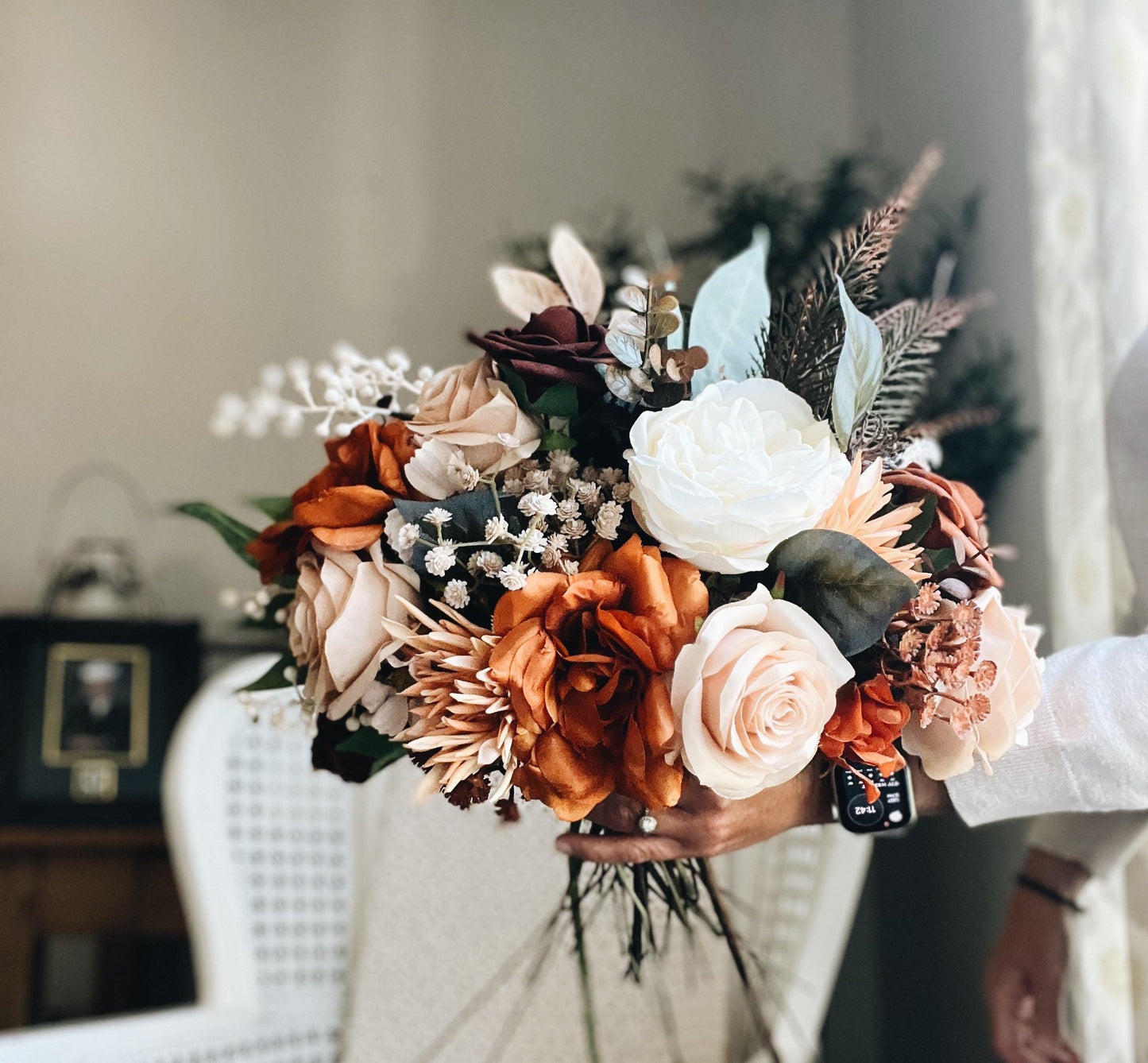 Elegant Autumn Bouquet - Rustic Peach, Cream Garden Roses, Rust Orange Garden Flowers Fall Wedding