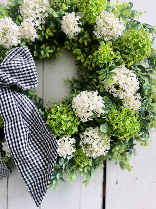Large Boxwood and Hydrangea Wreath with Gingham Bow