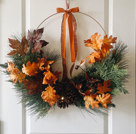 Fall Hoop Wreath Greenery- Leaves- Fall Ribbon and warm lights- Autumn Large Wreath Thanksgiving