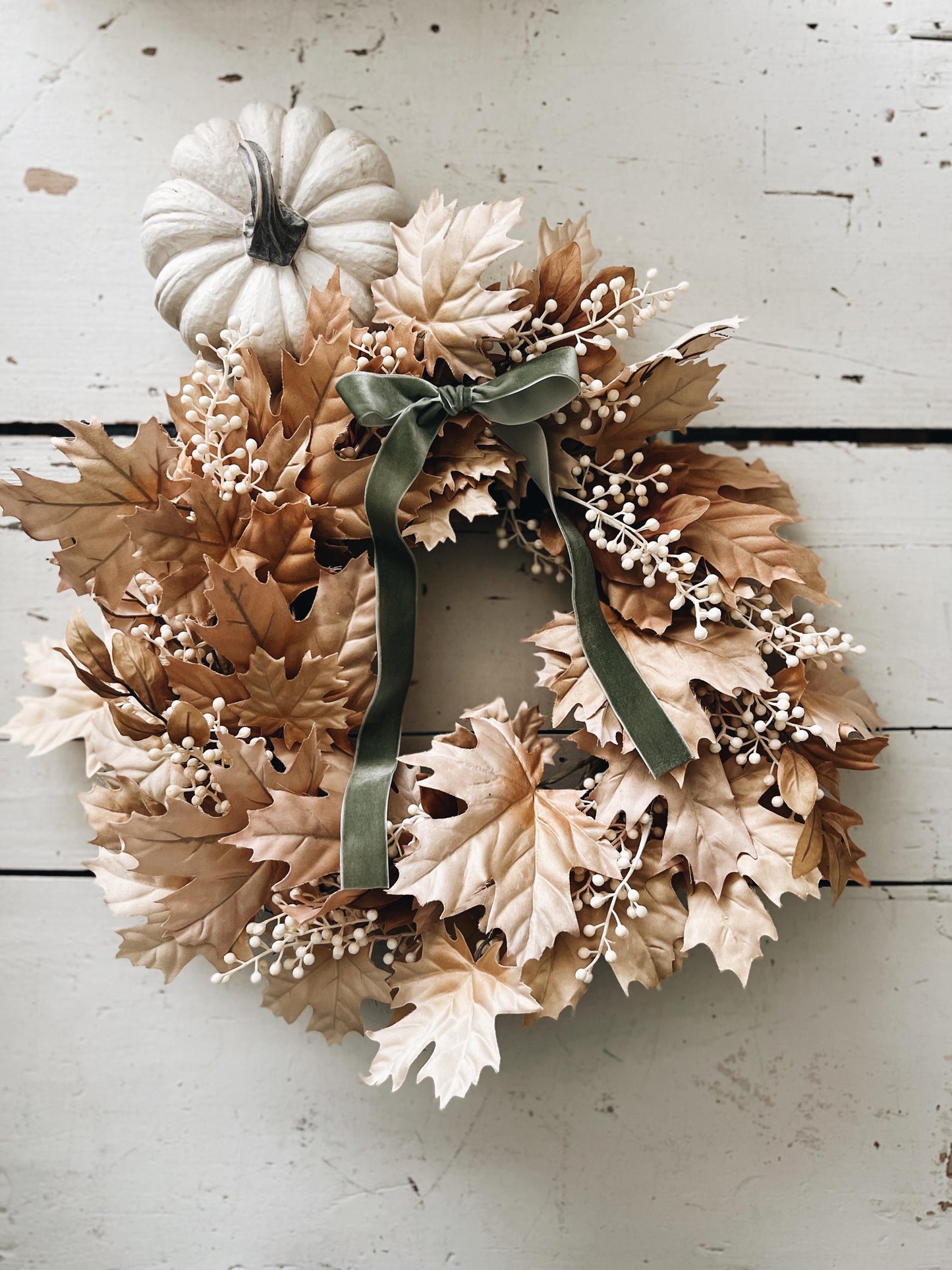 Fall Thanksgiving Wreath Beige Maple Leaves  with Cream Berries and Ribbon