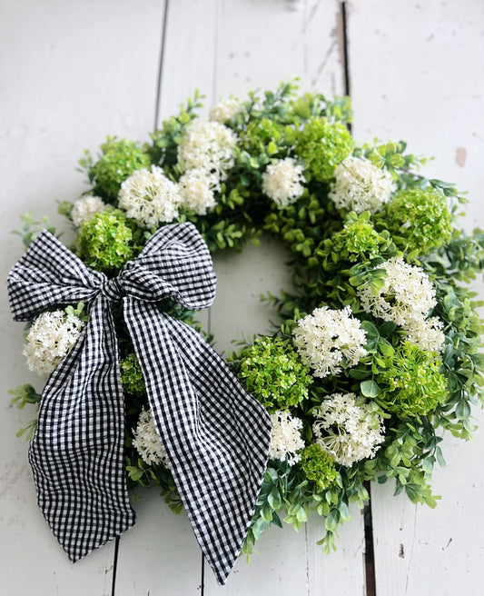 Large Boxwood and Hydrangea Wreath with Gingham Bow