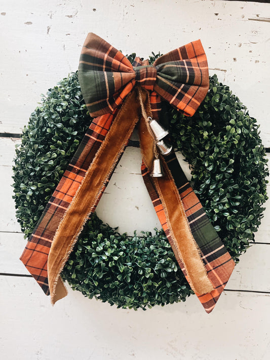 Boxwood Wreath with Thanksgiving Bow and Bells Fall Colors Velvet