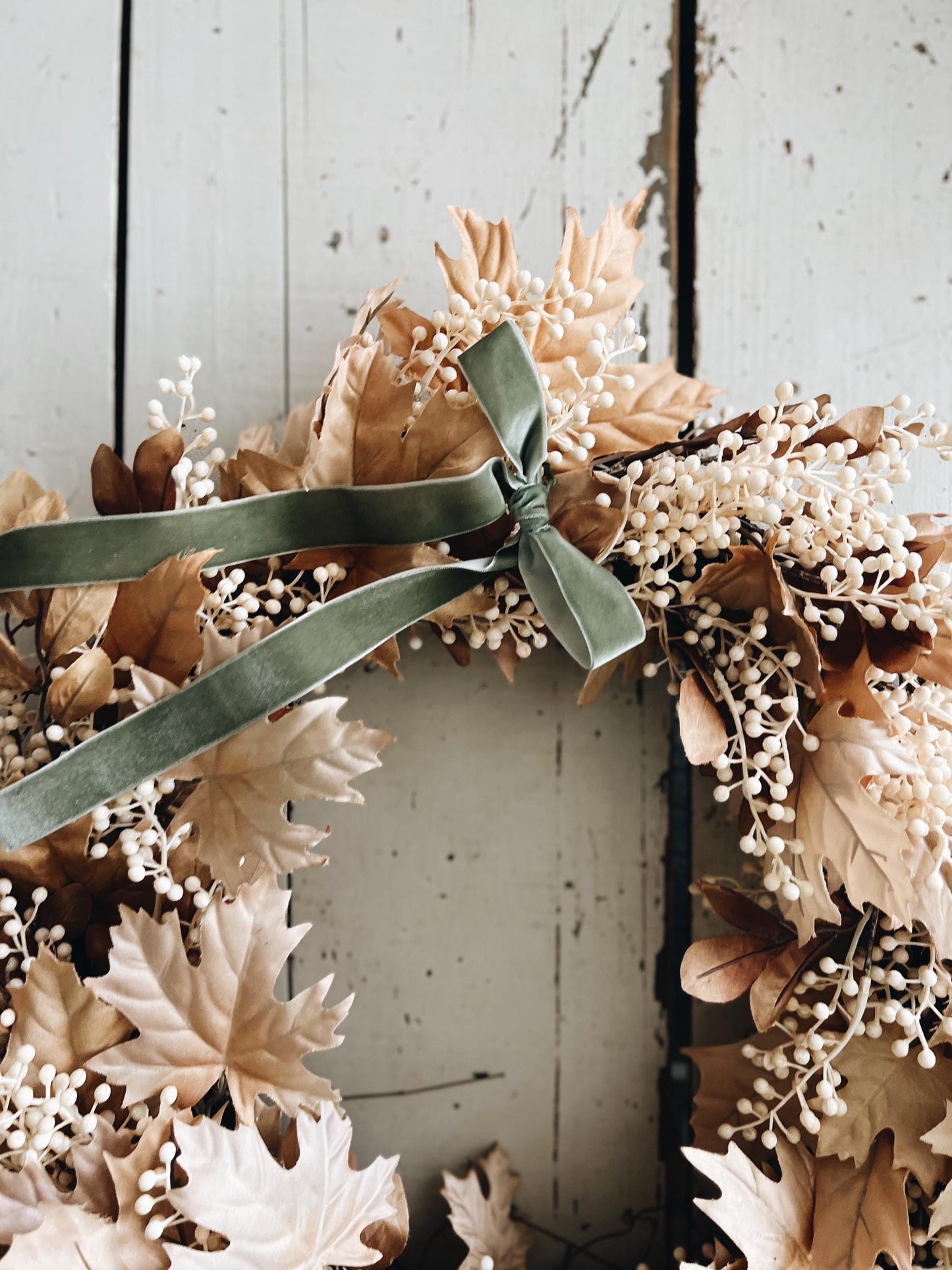 Fall Thanksgiving Wreath Beige Maple Leaves  with Cream Berries and Ribbon