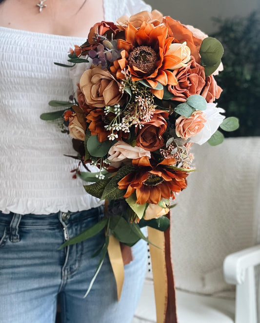 JUST ADDED Fall Late Summer Bridal Bouquet Cascading Flowers for Wedding Sunflower Rust Orange Terracotta