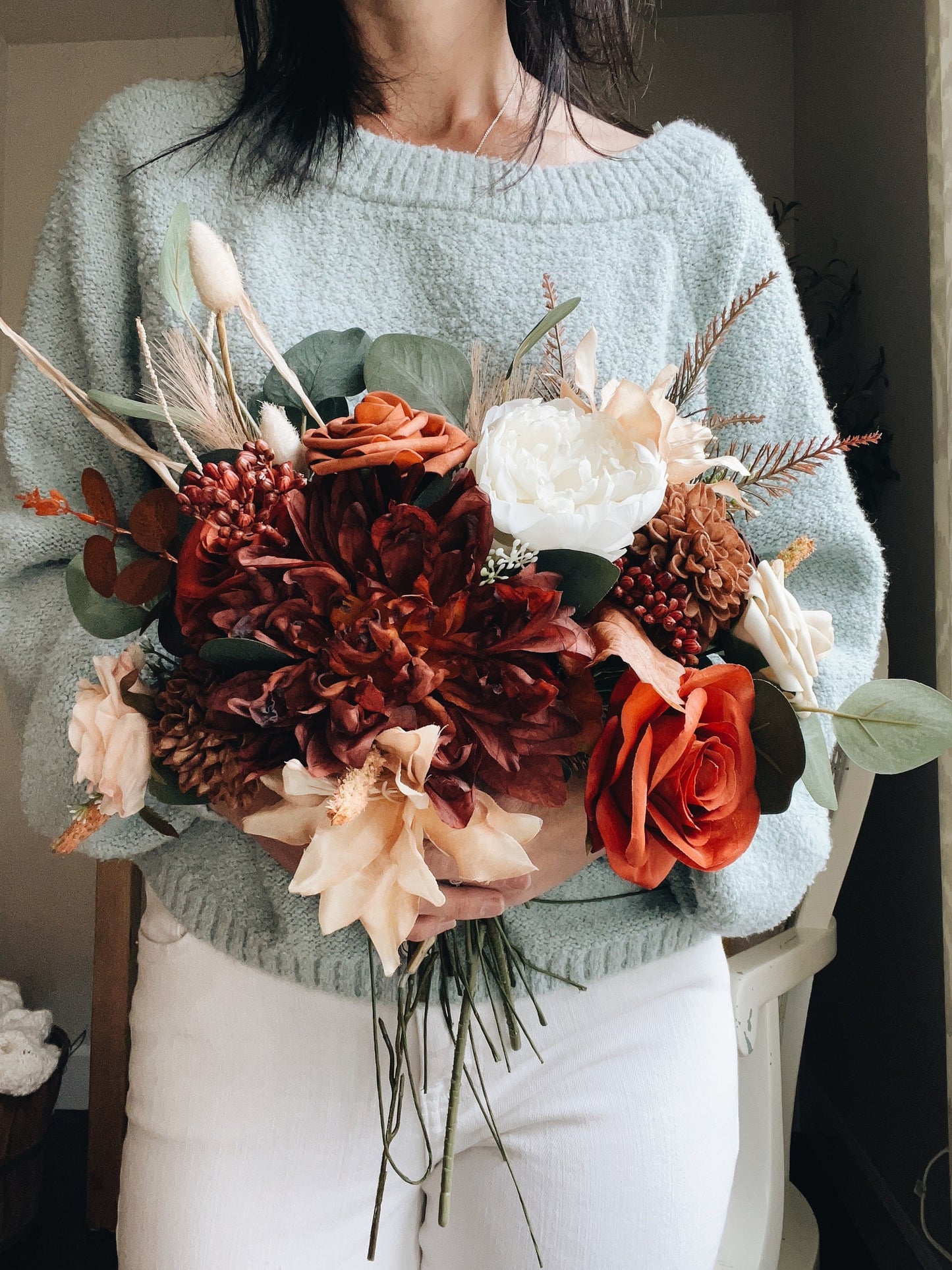 Fall Late Summer Bridal Bouquet Cascading Flowers for Wedding Rust Orange Beige