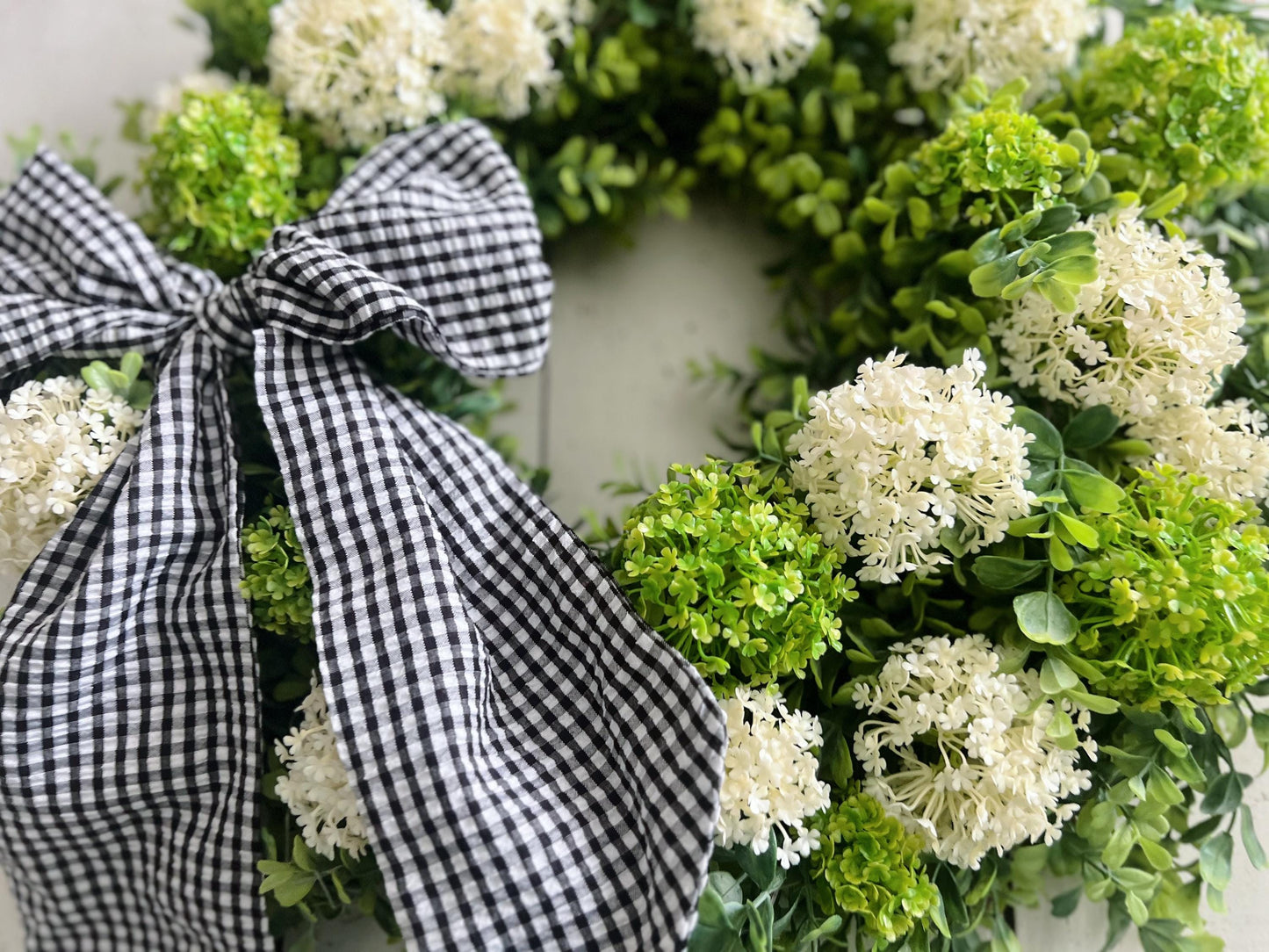 Large Boxwood and Hydrangea Wreath with Gingham Bow