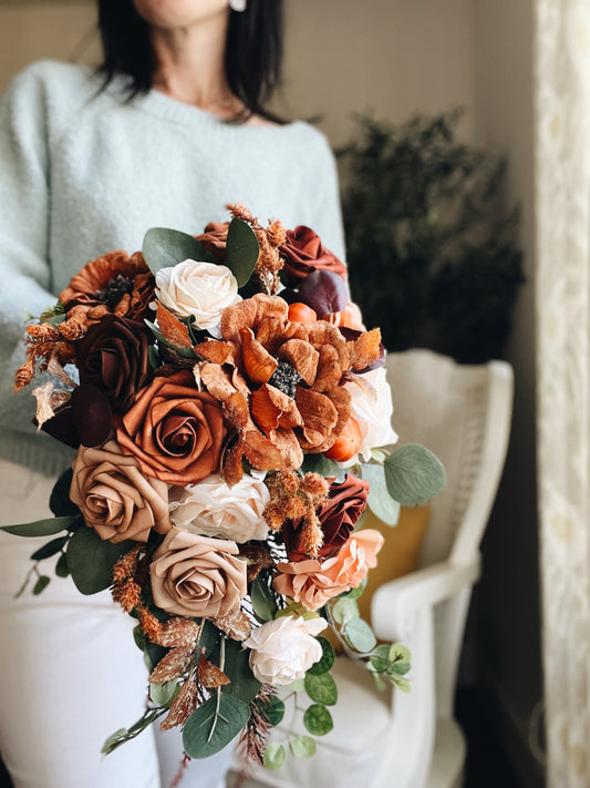 Fall Late Summer Bridal Bouquet Cascading Flowers for Wedding Peach Brown Beige
