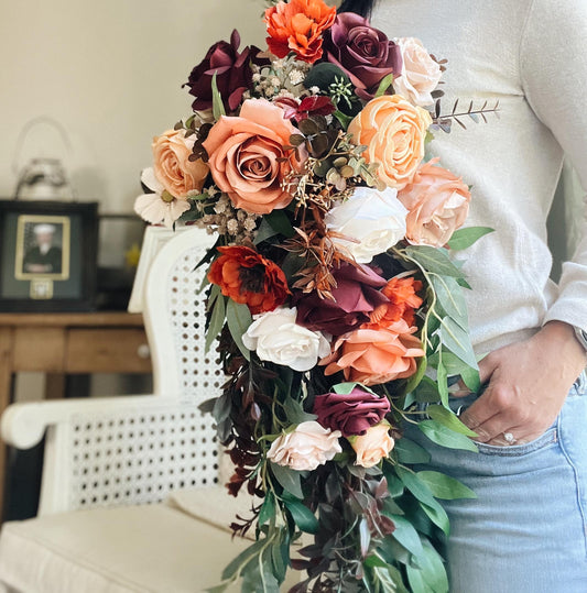 Beautiful Extra Large Cascading Autumn Bouquet - Rustic Peach, Burgundy, Rust Orange Garden Flowers Fall Wedding