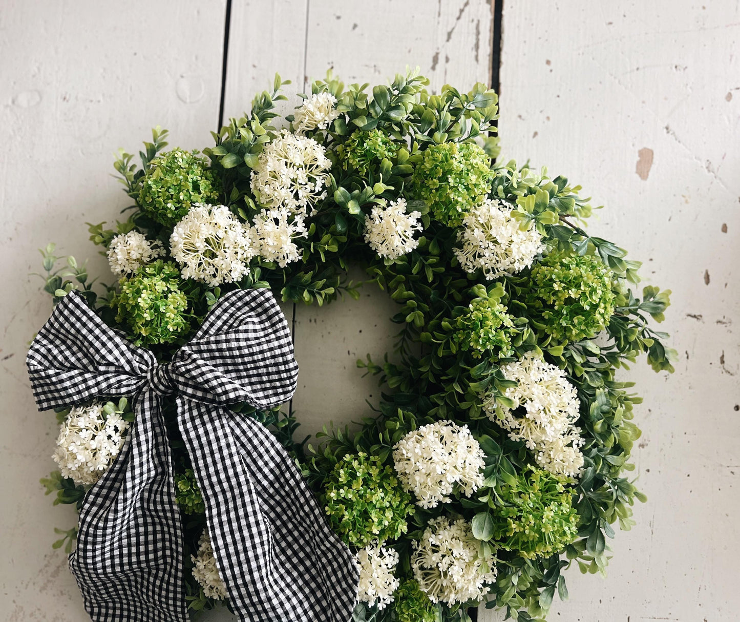 Large Boxwood and Hydrangea Wreath with Gingham Bow