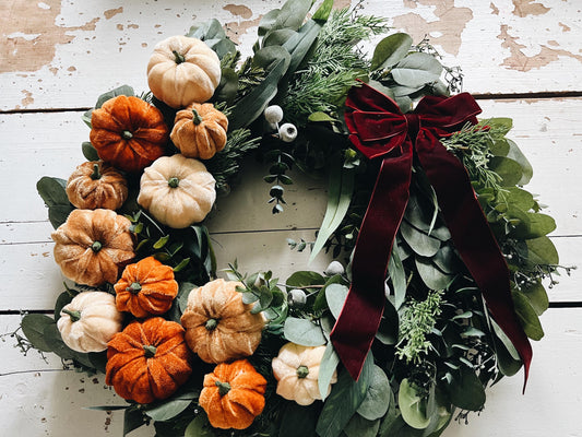 Luxe 24” Artificial Pumpkin Wreath - Fall Harvest Decor with Velvet Bow